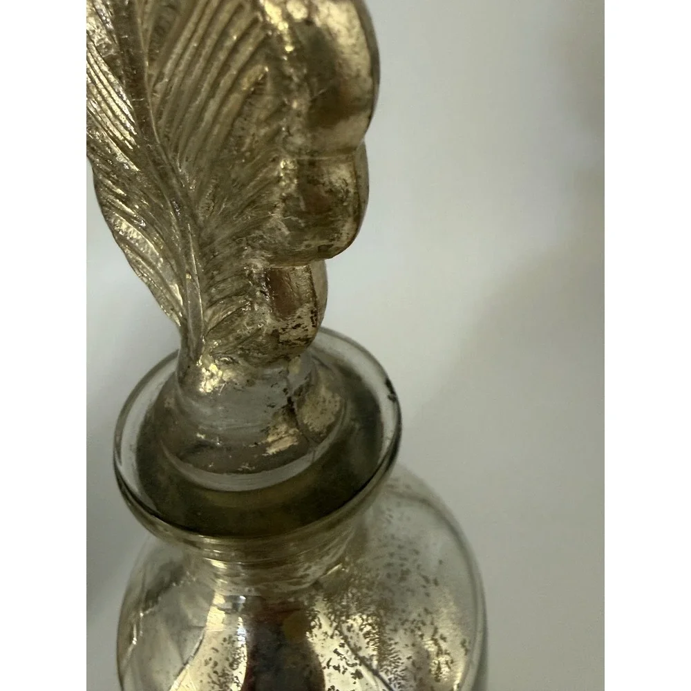 Pottery Barn Mercury Glass Bottles Set of 2 Silver Leaf Stopper Decorative Vases